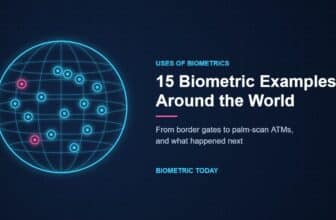 A glowing globe with 15 points marking real-world uses of biometrics around the world