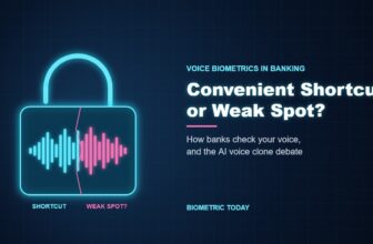Voice biometrics in banking: a padlock with a voice waveform, half glowing teal for convenience and half cracked pink for risk